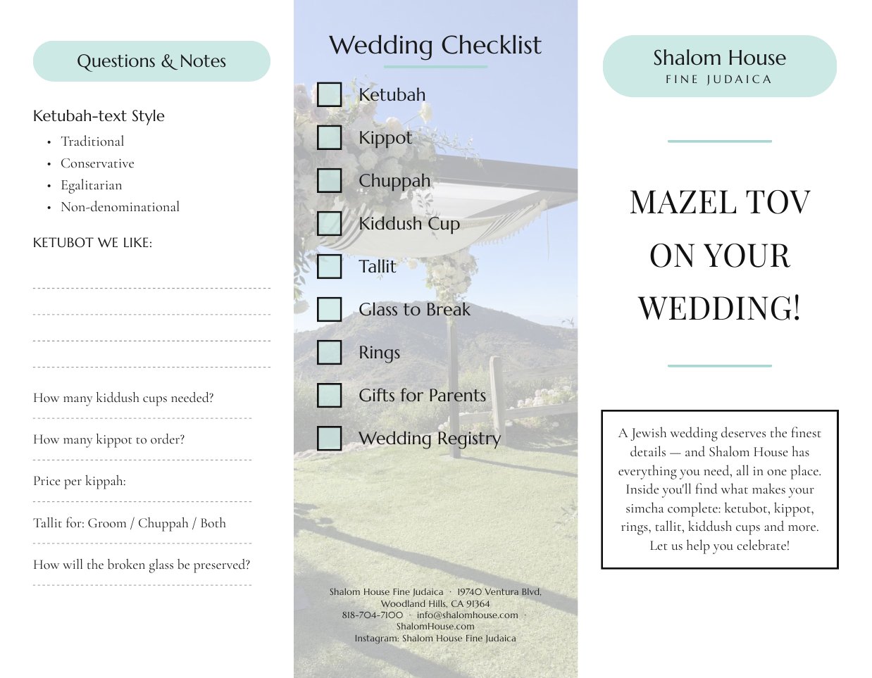 Shalom House wedding brochure, outside panels