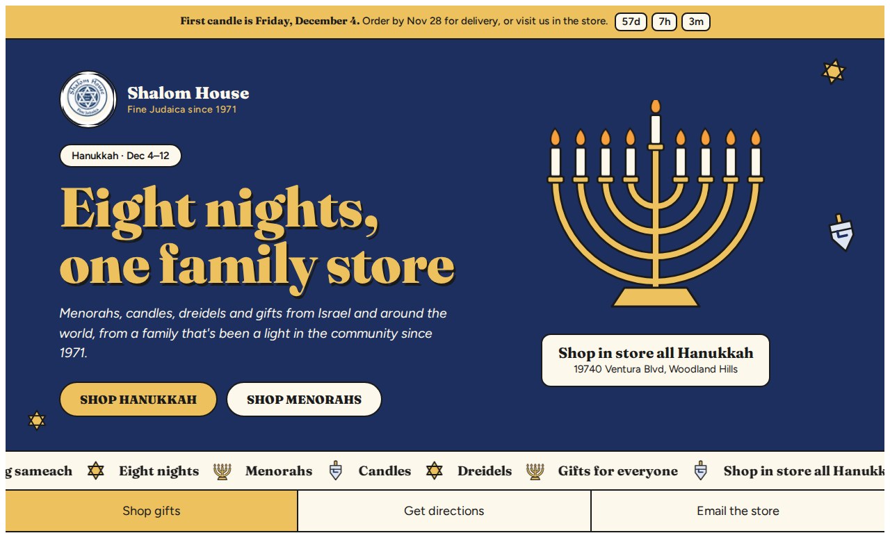 Shalom House Hanukkah homepage banner: Eight nights, one family store