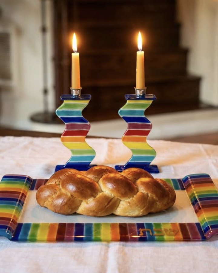 Rainbow wave candlesticks with a matching challah tray