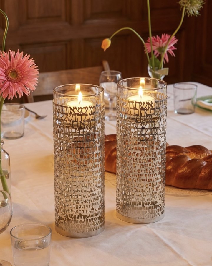 Hebrew-script silver candle holders on a set Shabbat table with flowers