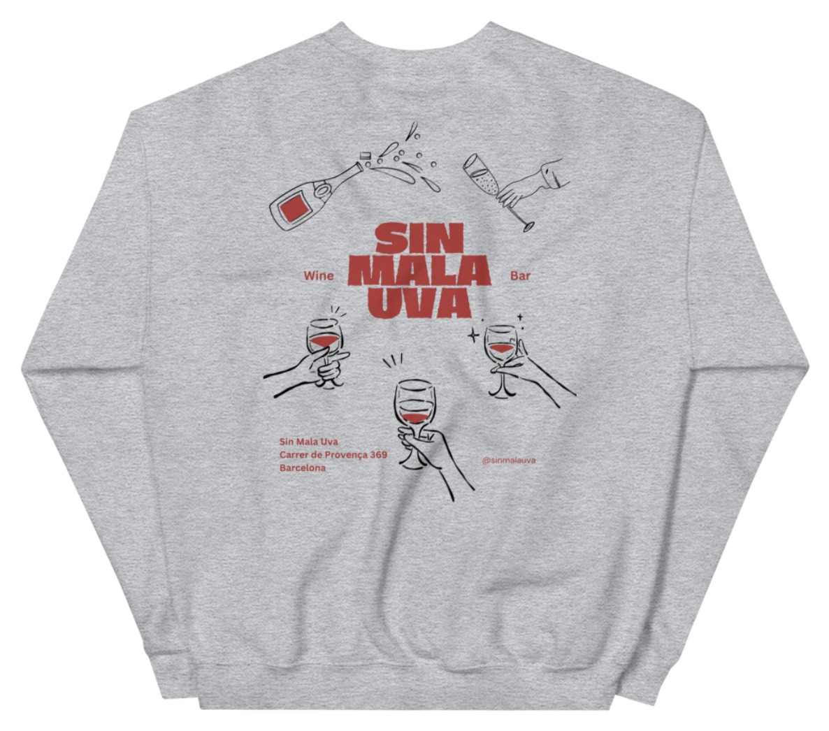 The Sin Mala Uva design printed on the back of a grey sweatshirt