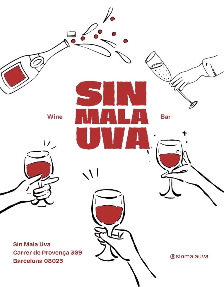 Sin Mala Uva sweatshirt design: hand-drawn hands raising wine glasses around the Sin Mala Uva wordmark