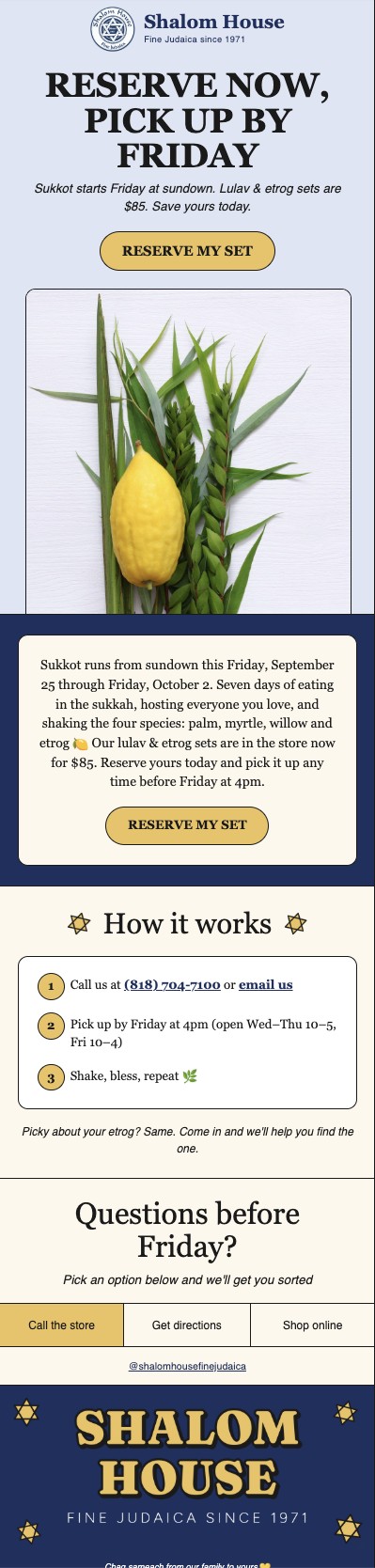 Shalom House Sukkot email: Reserve now, pick up by Friday