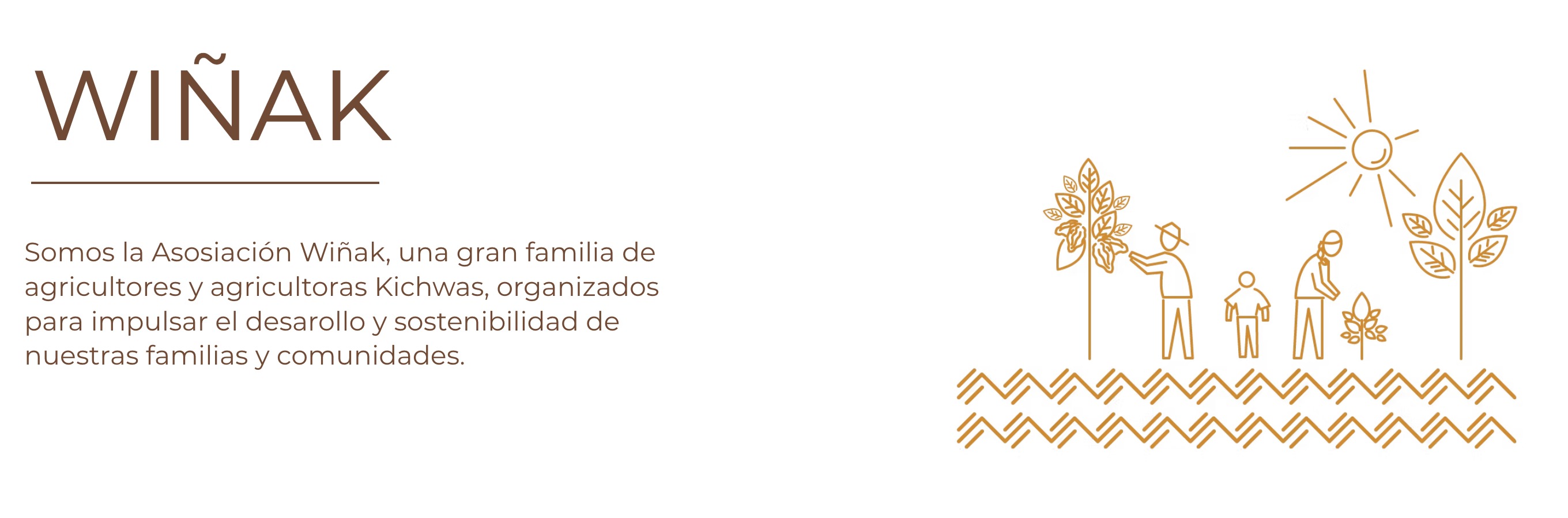 Wiñak homepage banner: the Wiñak wordmark, a short intro in Spanish and a line drawing of a Kichwa family farming under the sun