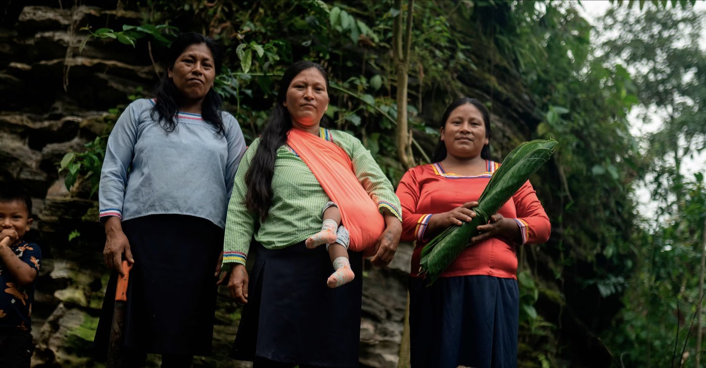 Three Kichwa women from Wiñak standing in the forest, one carrying a baby in an orange sling and one holding a bundle of leaves