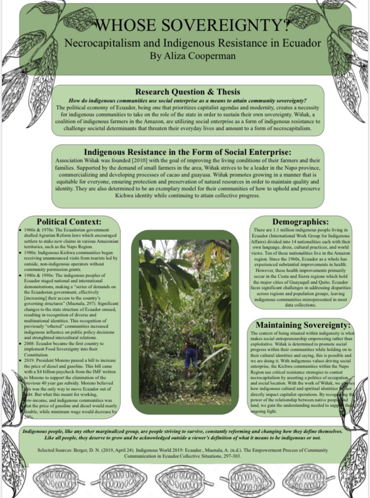 Research poster: Whose Sovereignty? Necrocapitalism and Indigenous Resistance in Ecuador, by Aliza Cooperman